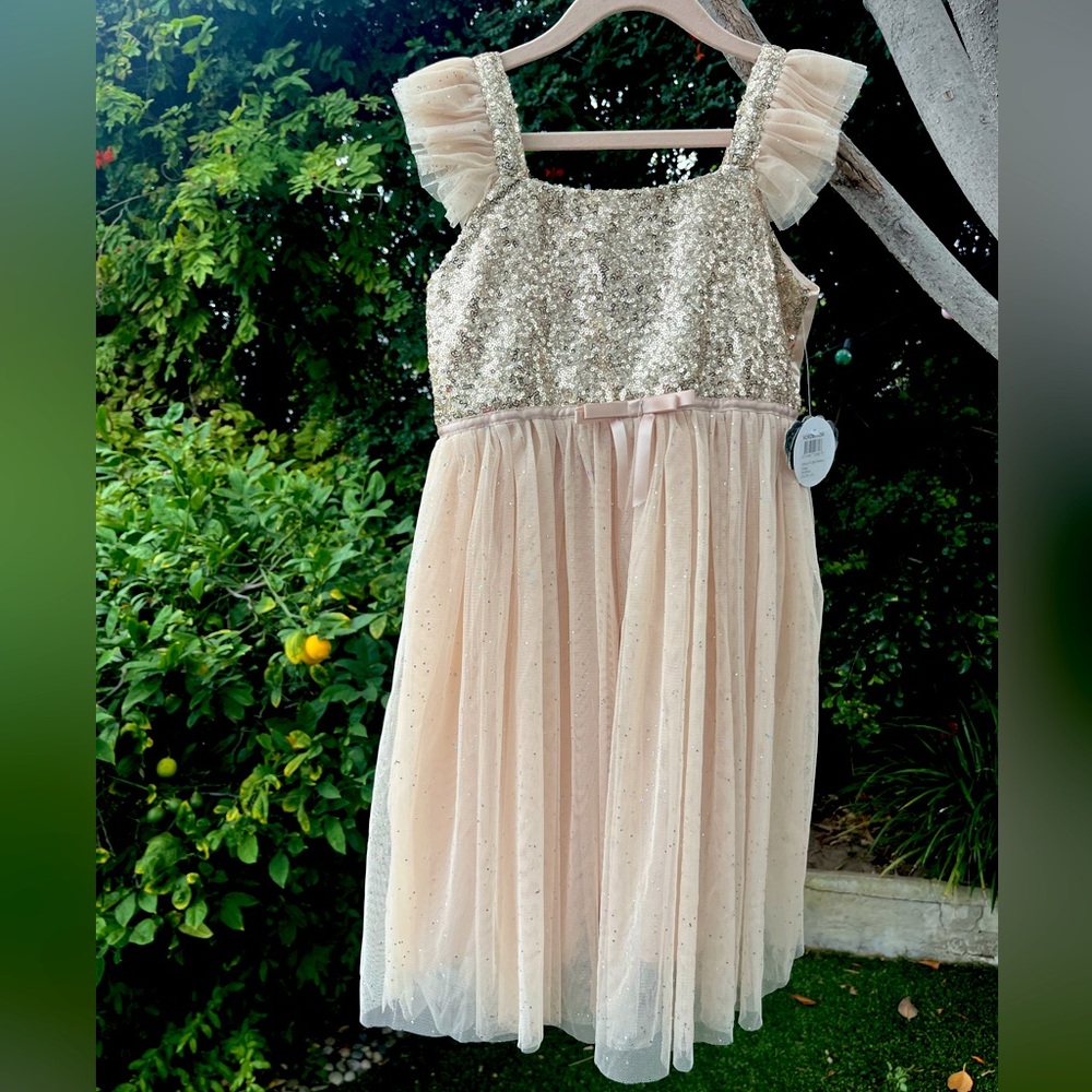 NWT Ivory Cream Sequin Sparkle Tulle Flutter Sleeve Dress Girls Size 8
